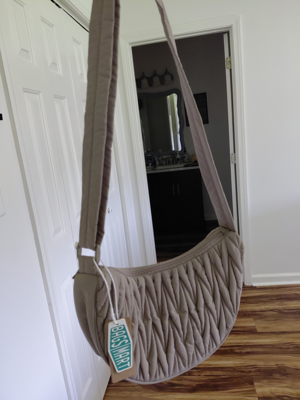 Quilted Crescent Shoulder Bag in Taupe